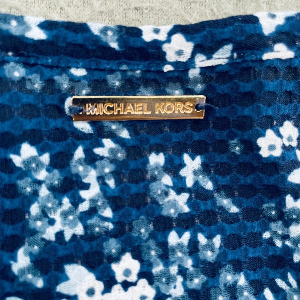 Michael Kors Women 2 Piece Floral Seersucker XS Tiered Bell Sleeve Ruffle Navy